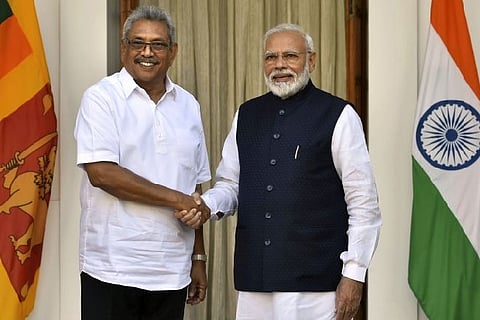 Prime Minister Narendra Modi shakes hands with Sri Lankan President Gotabaya Rajapaksa at Hyderabad House in New Delhi