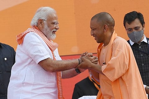 PM Narendra Modi and UP CM Yogi Adityanath at oath taking ceremony in Lucknow