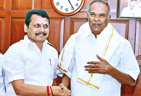 Electricity and Prohibition Minister V Senthilbalaji greeting Speaker M Appavu in the Assembly on Tuesday