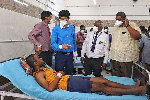 Health secretary J Radhakrishnan visited the rescued patients at Rajiv Gandhi Government General Hospital on Thursday.