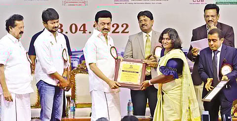 Chief Minister MK Stalin, along with Higher Education Minister K Ponmudi and Chepauk MLA Udhayanidhi Stalin, at the launch of Naan Mudhalvan scheme in Anna University on Saturday.