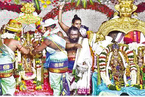 Celestial wedding of Goddess Meenakshi with Lord Sundareswarar in progress as part of the Chithirai festival in Madurai on Thursday