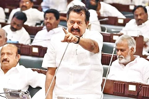 Higher Education Minister K Ponmudy addressing the Assembly during the debate on demand for grants on Monday