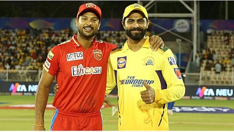 Punjab Kings skipper Mayank Agarwal (left) with Chennai Super Kings' captain Ravindra Jadeja. (IPL | PTI)