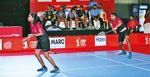 The Tirupur Warriors mixed doubles duo of Navin Prasanth and Lakshmi Priyanka in action