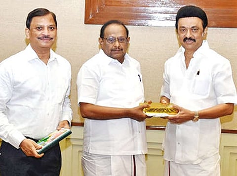 Law Minister S Regupathy with CM MK Stalin in the Assembly