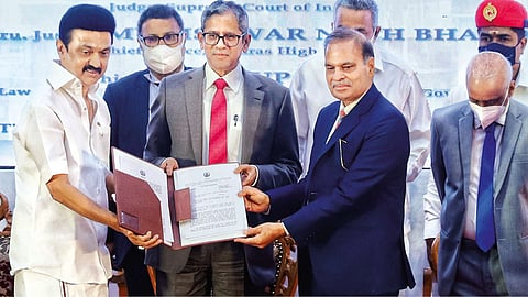 CM Stalin, CJI NV Ramana and Madras HC CJ Munishwar Nath Bhandari at the event