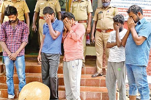 Thanjavur police arrested a gang of five persons, who attempted to sell copper material as iridium for Rs 50 lakh on Wednesday.