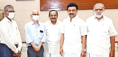 Ministers R Sakkarapani and I Periyasamy with Chief Minister MK Stalin in the Assembly on Friday
