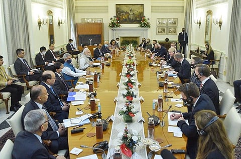 Prime Minister Narendra Modi during delegation-level talks with his UK counterpart Boris Johnson