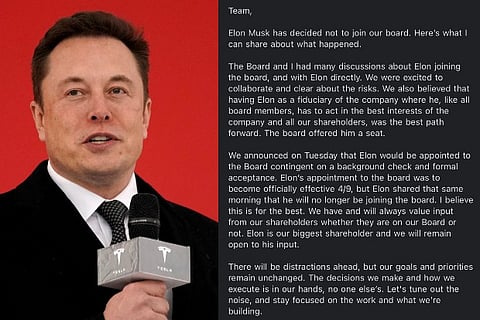 CEO of Tesla Elon Musk (left) and note shared by Parag Agrawal on Twitter