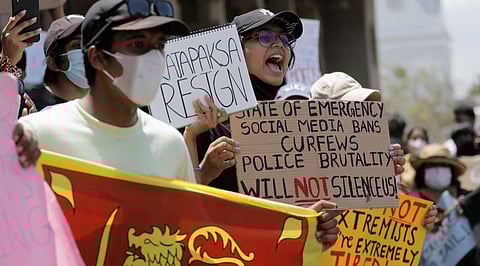 People shout slogans against Sri Lanka's President Gotabaya Rajapaksa and demand that Rajapaksa family politicians step down
