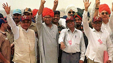 (From left) Prime Minister Atal Bihari Vajpayee, Defence Minister George Fernandes and Kalam, who was then head of DRDO, in Pokhran after the nuclear tests of 1998