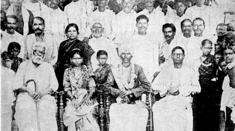 Periyar (bottom left) at a self-respect marriage with India's first Finance Minister, RK Shanmukham (bottom right) in Coimbatore; (below) Dravidar Kazhagam chief K Veeramani (right) at Isai Inban and Pasumpon's self respect marriage in 1991