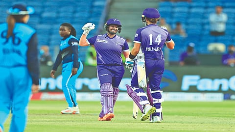 Velocity captain Deepti Sharma celebrates with Laura Wolvaardt