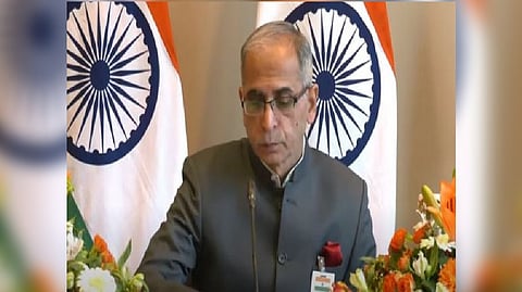 Foreign Secretary Vinay Kwatra addressing a press briefing in Copenhagen on Tuesday
