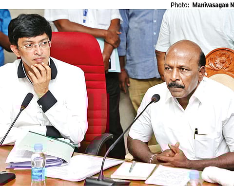 Health Minister Ma Subramanian and Health Secretary J Radhakrishnan at a meeting with deans and joint directors of all govt medical colleges on Wednesday