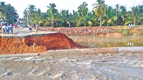 The washed away ground level causeway across Palar on Thursday