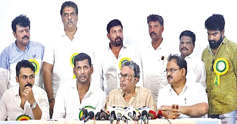 Nadigar Sangam office-bearers addressing news persons in Chennai