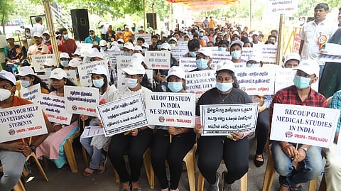 Students staging a protest at Valluvarkottam in Chennai on Sunday.