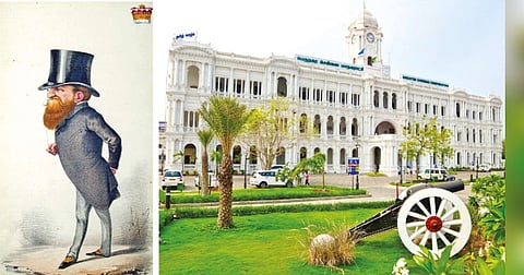 A caricature of Lord Ripon (left) and The Ripon Building (right)