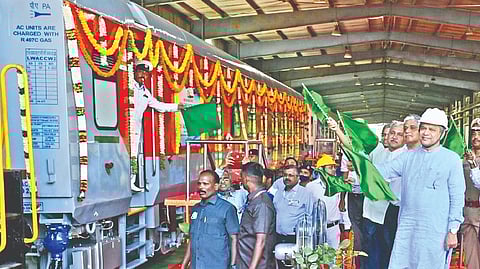 Union Minister for Railways Ashwini Vaishnaw flagging off the 12,000th LHB coach at ICF in Chennai on Friday