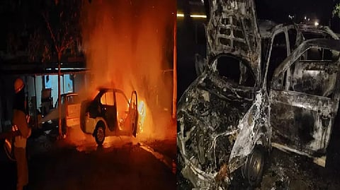 Firefighters putting the flames off; charred remains of the car