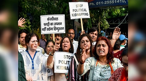 Visual of protest by BJP workers against Tajinder Bagga's arrest on May 6 (Photo:ANI)