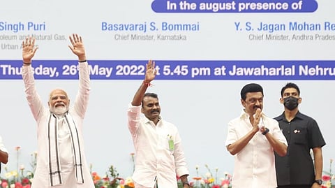Prime Minister Narendra Modi, Chief Minister MK Stalin, Union Minister L. Murugan.