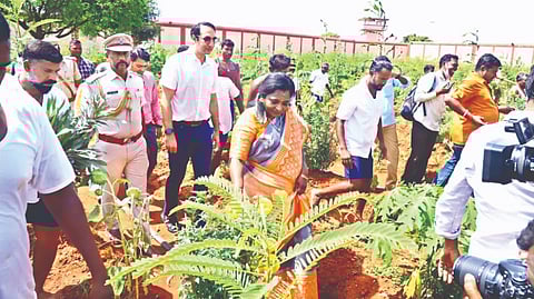 Telangana Governor and Lt Governor of Puducherry Tamilisai Soundararajan inspecting the organic farm inside the central prison in Puducherry on Tuesday