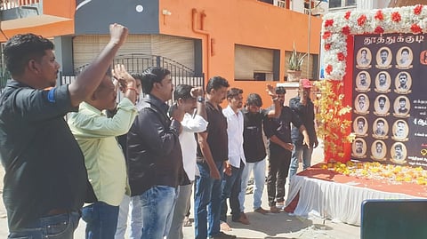 Protesters raising slogan while observing the 4th anniversary of Anti-Sterlite rally firing in Thoothukudi