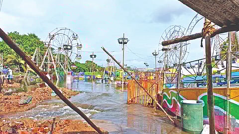 The stalls set up on Kaundanya River bed under water on Thursday