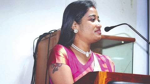 Dr Saranya Jaikumar, member, TN Commission for Protection of Child Rights, addressing students