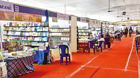 The deserted stalls at the book fair in Ariyalur on Wednesday