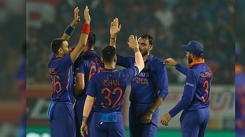 Leg-spinner Yuzvendra Chahal (3/20) and death overs specialist Harshal Patel (4/25) shared seven wickets between them.