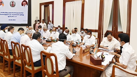 M K Stalin at the review meeting
