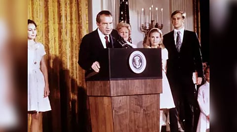 File photo taken in Aug 1974 US Republican President Richard Nixon is giving a speech at the White House following his resignation from the presidency after the Watergate scandal.