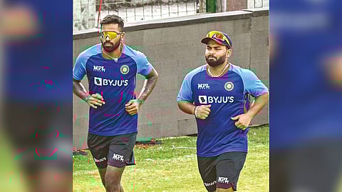 Newly-appointed captain Rishabh Pant (right) and vice-captain Hardik Pandya train ahead of the series opener