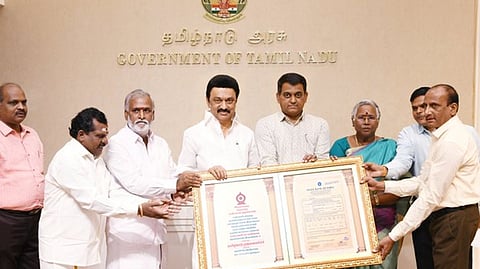 Chief Minister M K Stalin presented a gold investment bond for Rs 10 crore to the authorities of the Irukkakudi Mariamman Temple in Virudhu Nagar