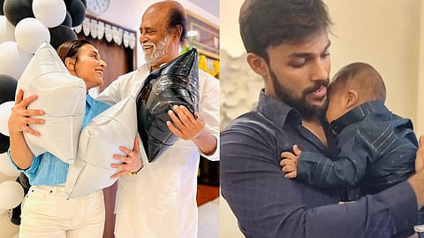 Rajinikanth with his daughter Aishwarya Rajinikanth (right) Actor Arav with his son