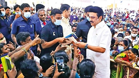 Chief Minister MK Stalin receiving petitions from the public at a meeting in Ranipet on Thursday
