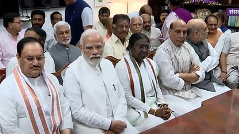 Draupadi Murmu files her nomination in the presence of PM Modi, Union cabinet ministers & CMs of BJP & NDA ruled states, at Parliament building