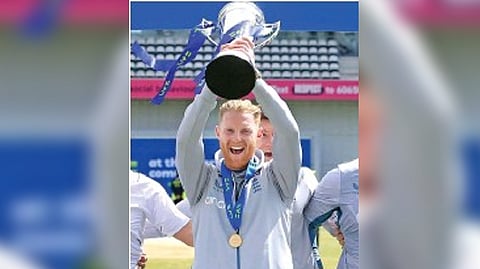 England skipper Ben Stokes poses with the trophy