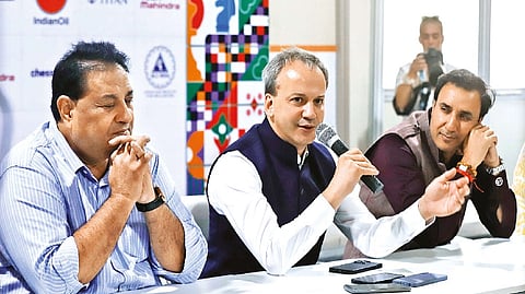 AICF secretary Bharat Singh Chauhan, FIDE president Arkady Dvorkovich and AICF president Sanjay Kapoor