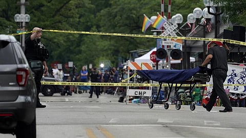 A stretcher is seen after a mass shooting at the Highland Park