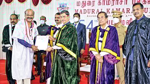 Governor and Chancellor RN Ravi presenting degrees at the 54th Madurai Kamarj University convocation in Madurai on Wednesday.