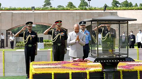 President Ram Nath Kovind paid homage to Mahatma Gandhi at Rajghat before relinquishing charge as the President of India.