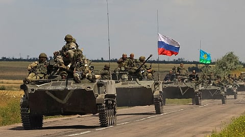 An armoured convoy of Russian troops drives in Russian-held part of Zaporizhzhia region, Ukraine