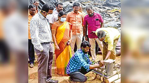 Thanjavur Collector Dinesh Ponraj Oliver inspecting paddy damaged at open DPC at Munnayampatti on Monday