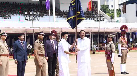 Vice-President M Venkaiah Naidu on Sunday presented the Tamil Nadu police with President's Colour. Chief Minister MK Stalin was also present